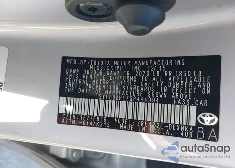 2016 Toyota Corolla Le z USA, uszkodzony, nr VIN 5YFBURHE7GP444994